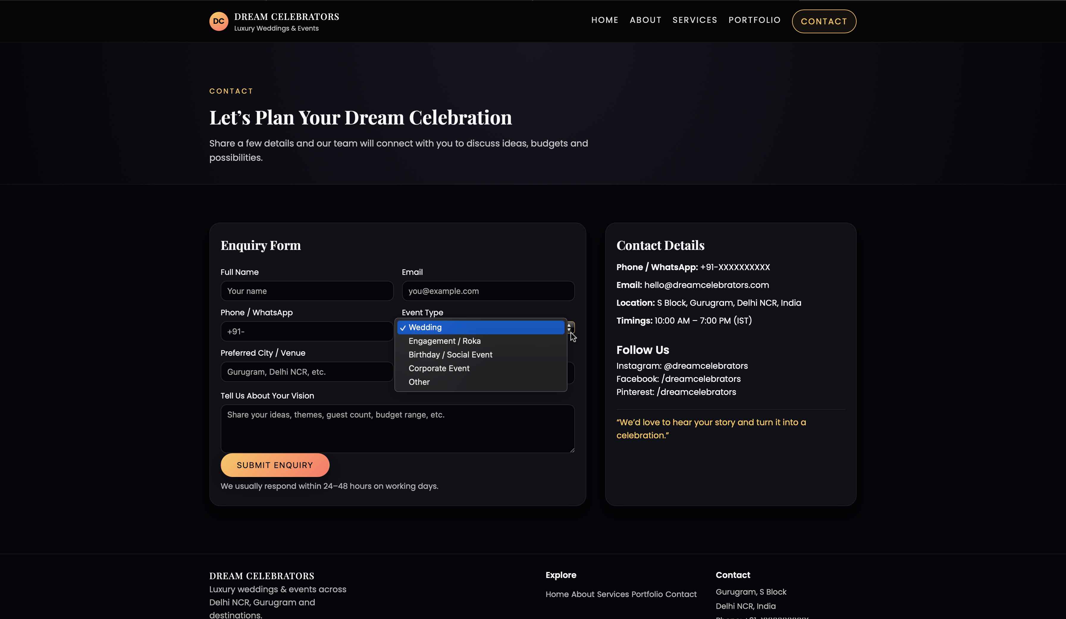 Dream Celebrators – Event Management Website